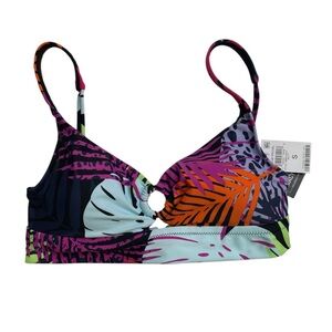 Bar III Palm Prowl O-Ring Bikini Top Black Animal Leaf Print Small New